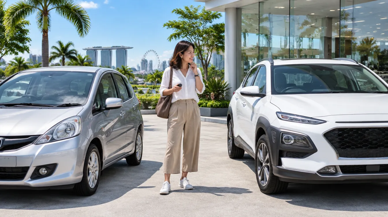 Woman weighing up an older hatchback against a newer SUV
