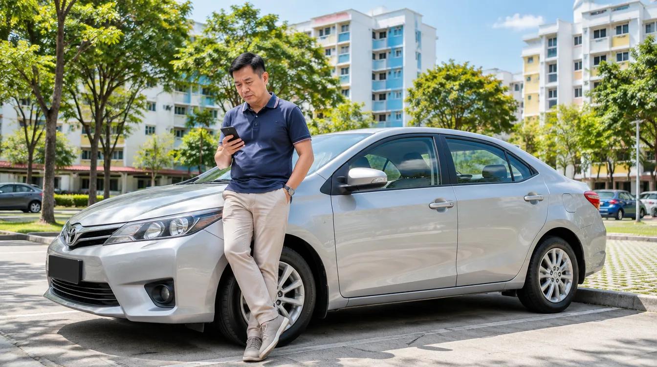 Car owner checking COE results on his phone beside his silver saloon in an HDB carpark