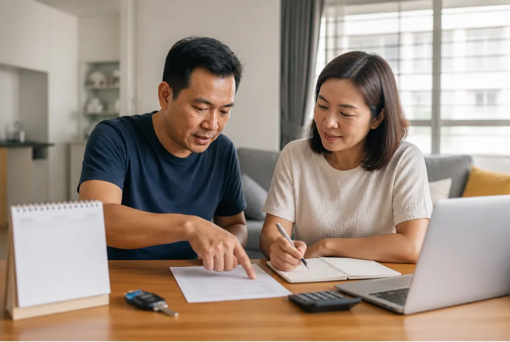 Couple working through COE renewal costs at home with a calculator, notebook and car key
