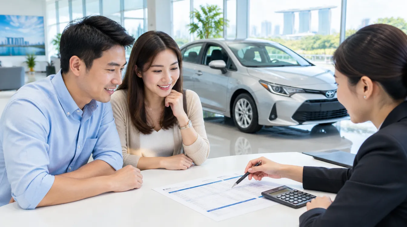 Couple going through car purchase fees with a sales consultant in a showroom