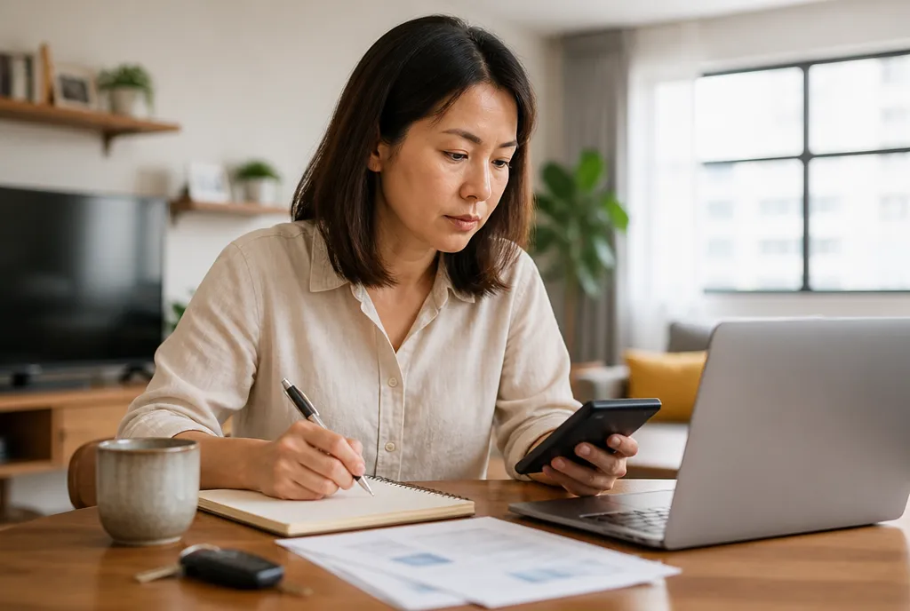 Woman reviewing her car loan figures at home with a phone, notebook and laptop