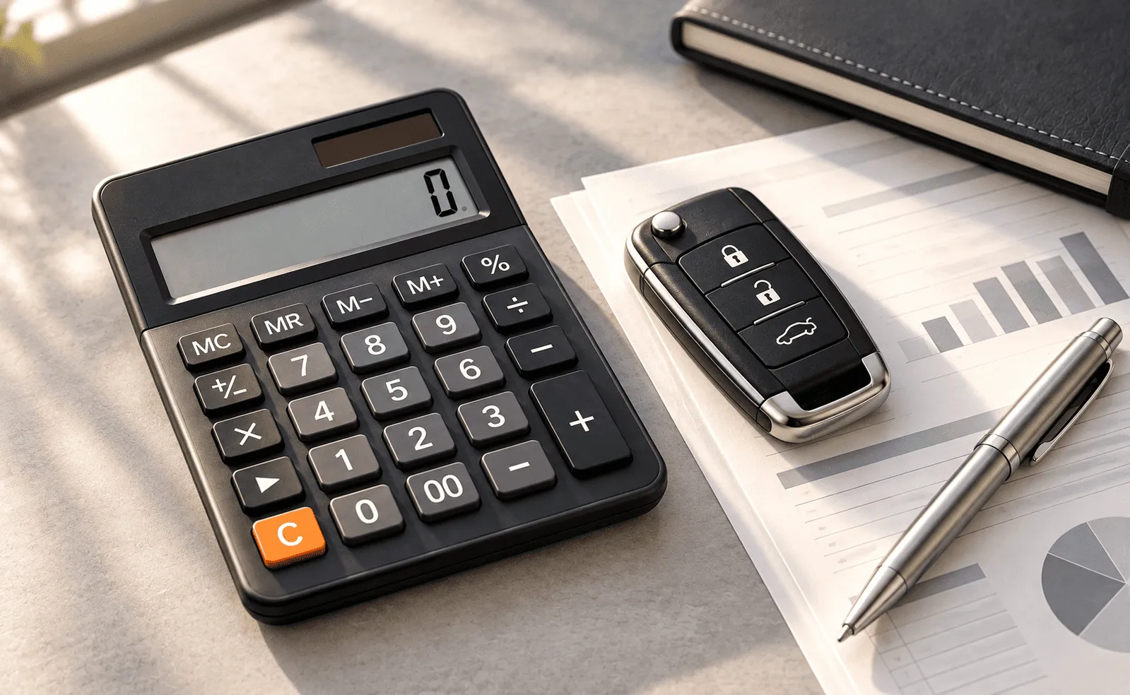 Calculator, car key and loan documents on a desk for estimating a car loan instalment in Singapore