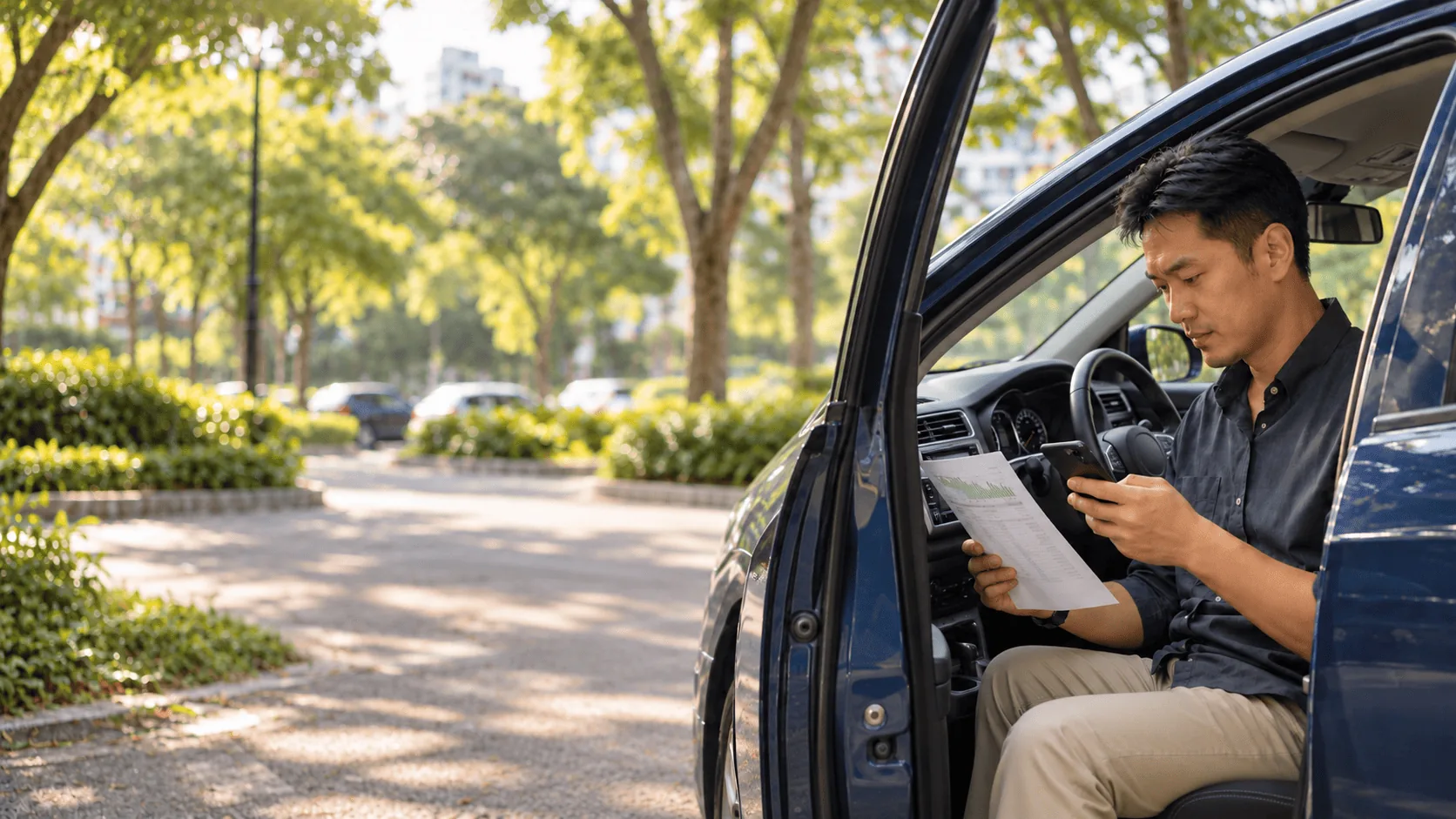Car owner in Singapore reviewing a lower monthly instalment after refinancing their car loan