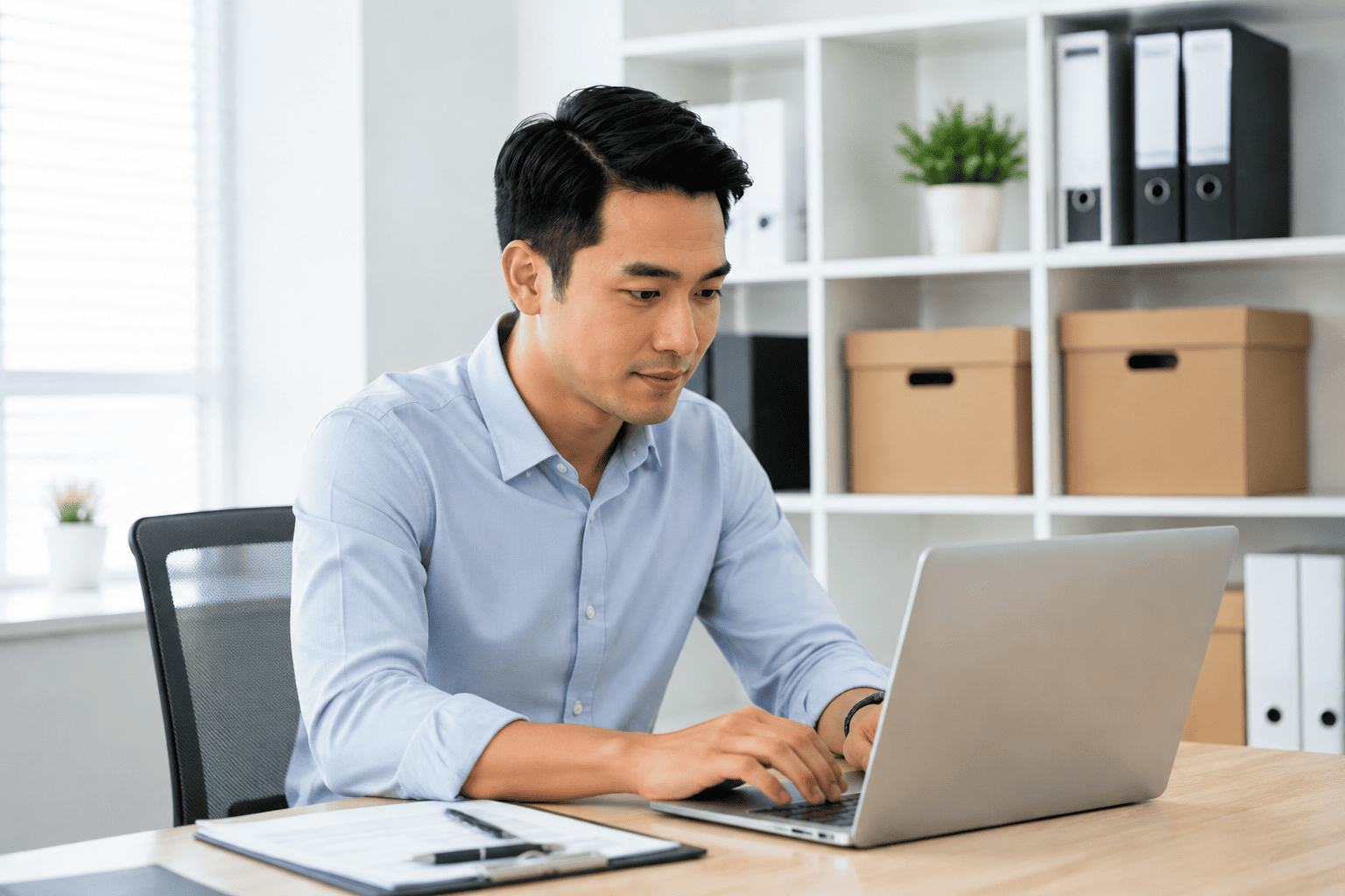 A business owner working at a laptop