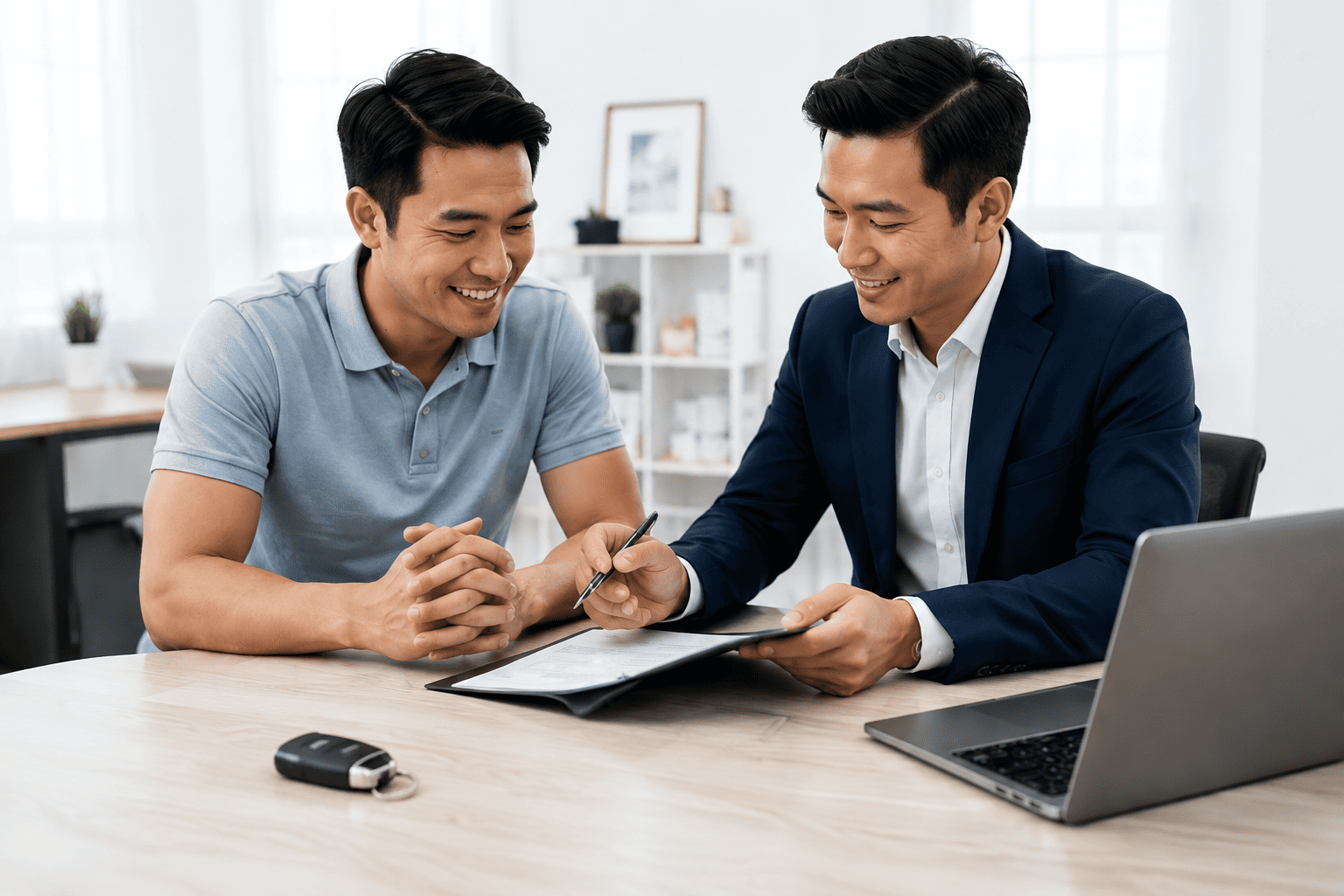 A consultant reviewing a car loan statement with a customer