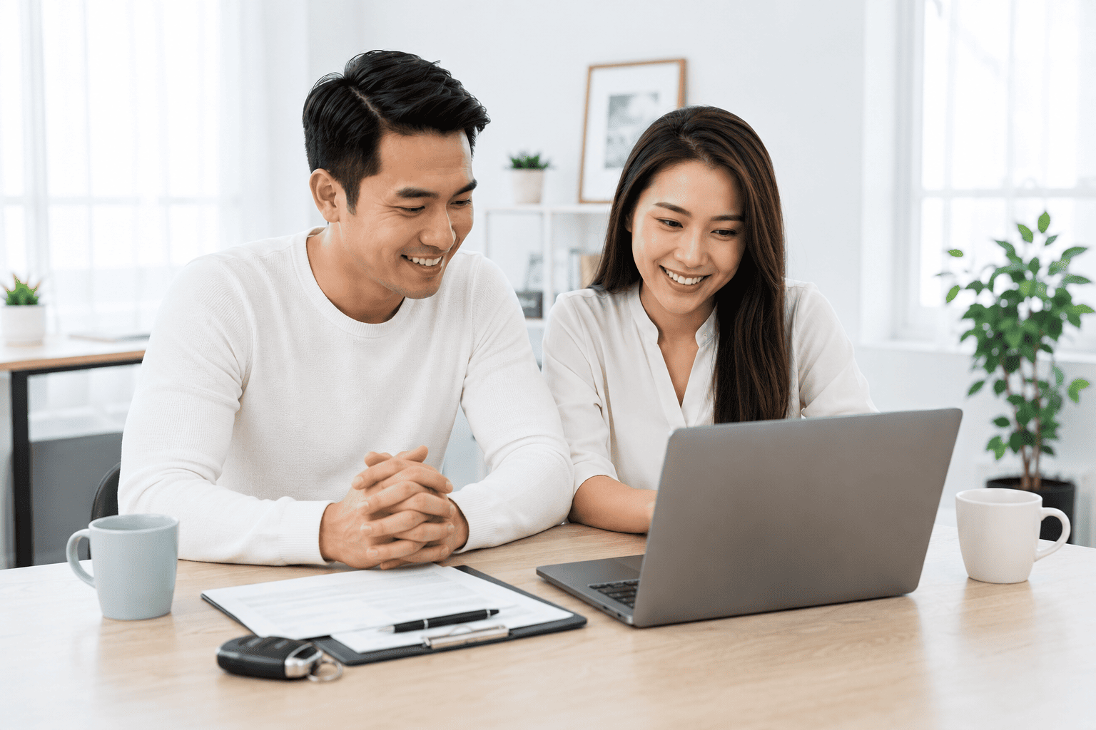 A couple reviewing their car loan at home